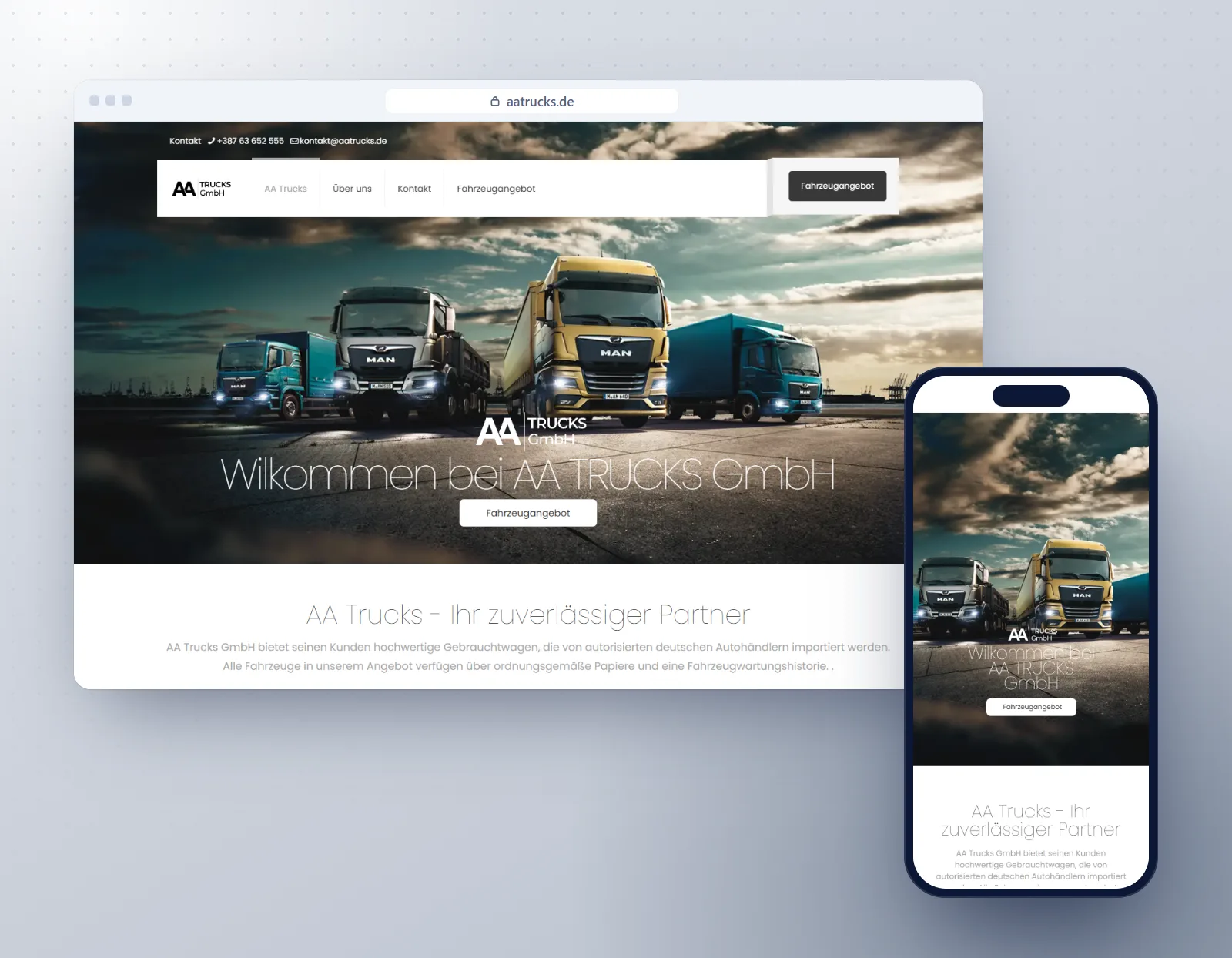 AA Trucks: prikaz web stranice na računaru i telefonu