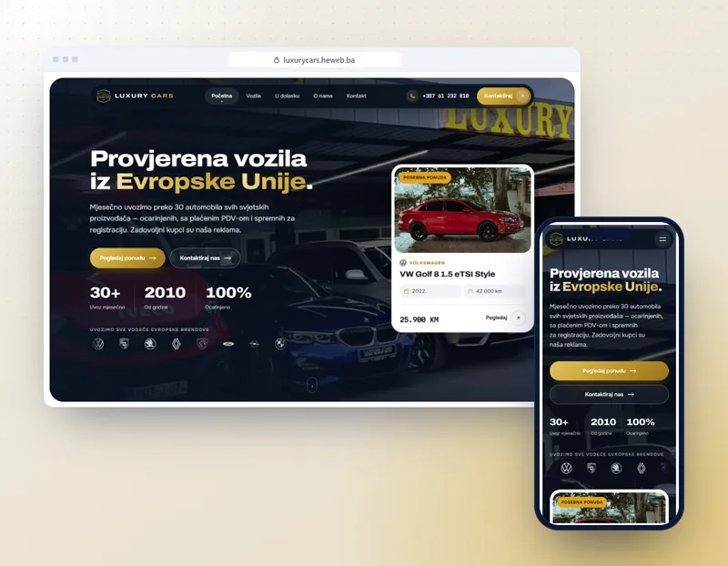 Luxury Cars: prikaz web stranice na računaru i telefonu