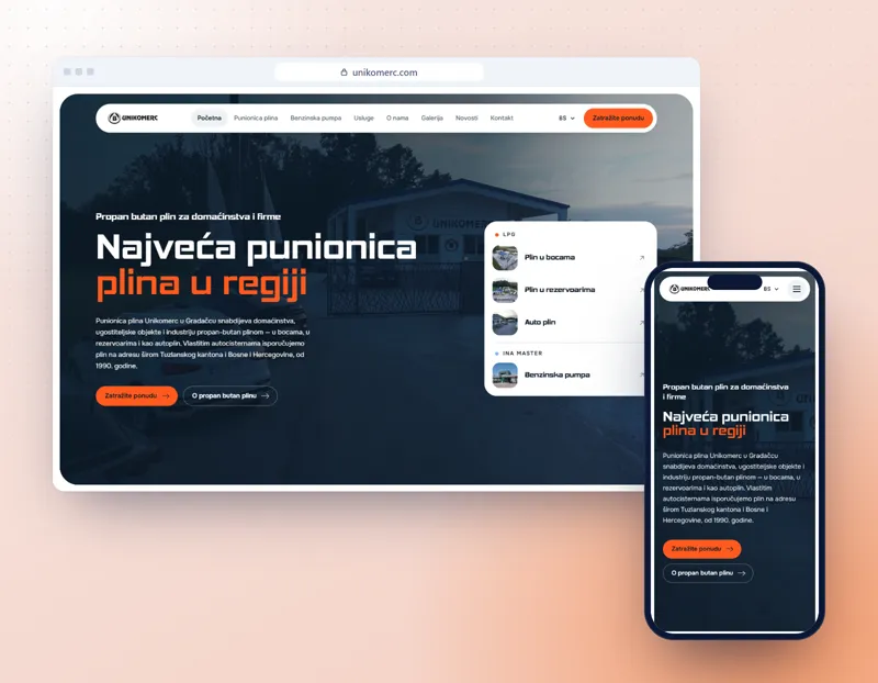 Unikomerc: prikaz web stranice na računaru i telefonu
